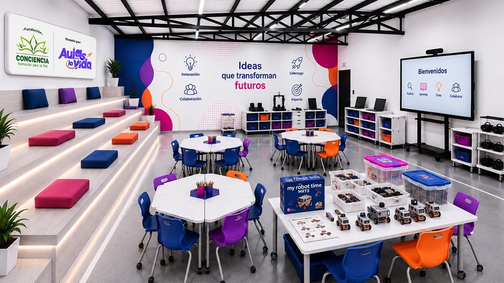 Visualización del HUB: graderías con colchonetas, mesas hexagonales móviles, kits de robótica, impresoras 3D, una pantalla interactiva y el mural «Ideas que transforman futuros».